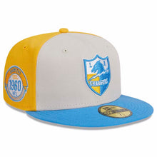Load image into Gallery viewer, Los Angeles Chargers New Era NFL 59FIFTY 5950 Fitted Cap Hat Stone Gray/Yellow Crown Sky Blue Visor Team Color Logo (2023 Sideline Historic)
