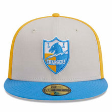 Load image into Gallery viewer, Los Angeles Chargers New Era NFL 59FIFTY 5950 Fitted Cap Hat Stone Gray/Yellow Crown Sky Blue Visor Team Color Logo (2023 Sideline Historic)
