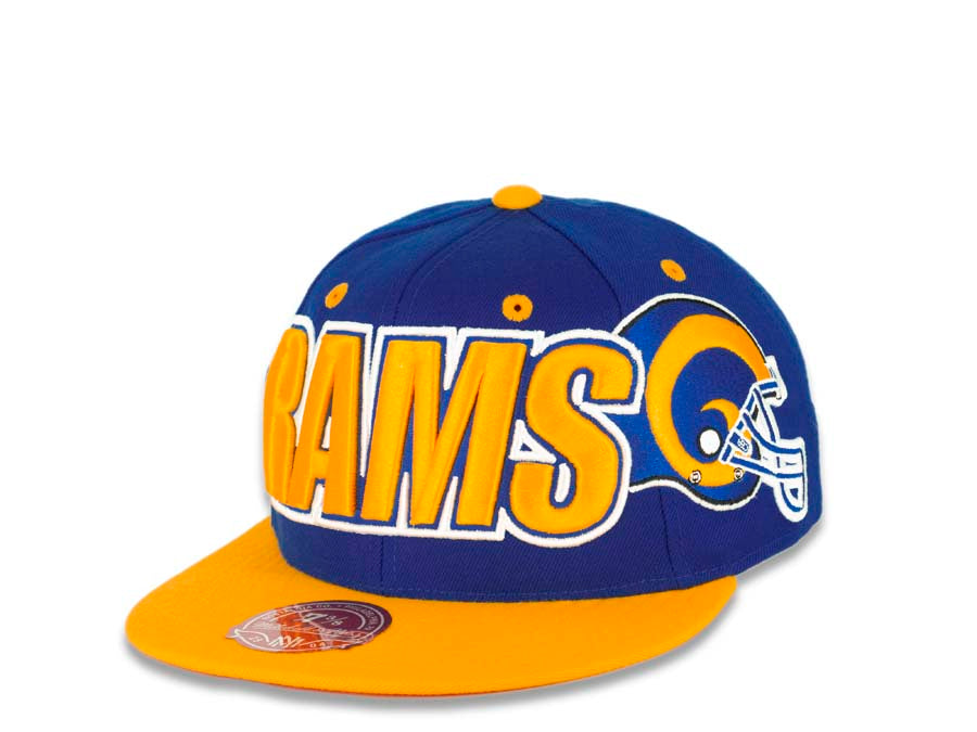 Los Angeles Rams Mitchell & Ness NFL Fitted Cap Hat Royal Blue Crown Yellow Visor Yellow Text Logo