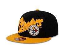 Load image into Gallery viewer, Pittsburgh Steelers Mitchell &amp; Ness Fitted Cap Hat Black Crown Yellow Visor Script Team Color Logo (Vice)
