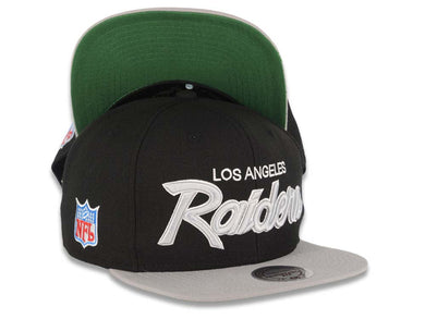 Los Angeles Raiders Mitchell & Ness Snapback Cap Hat Black Crown Gray Visor Gray/White Script Logo Green UV