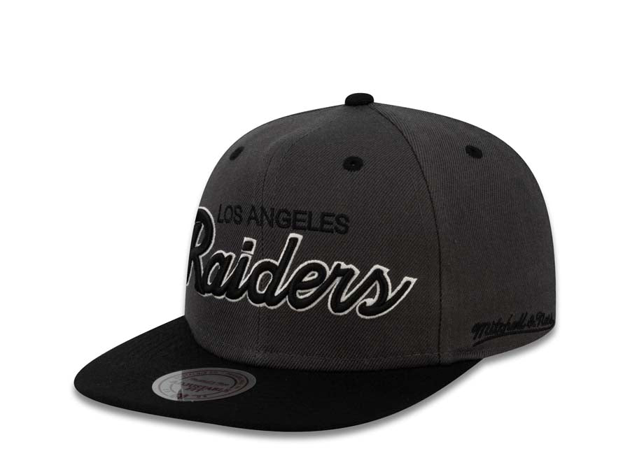 Los Angeles Raiders Mitchell & Ness Snapback Cap Hat Heather Dark Gray Crown Black Visor Black/White Script Logo