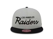 Load image into Gallery viewer, Los Angeles Raiders Mitchell &amp; Ness NFL Fitted Cap Hat Gray Crown Black Visor Black/White Script Logo
