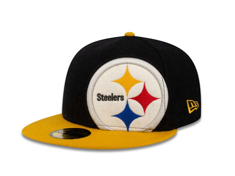 Pittsburgh Steelers New Era NFL 59FIFTY 5950 Fitted Cap Hat Black Crown Yellow Visor Team Color Logo (Felt Frill)