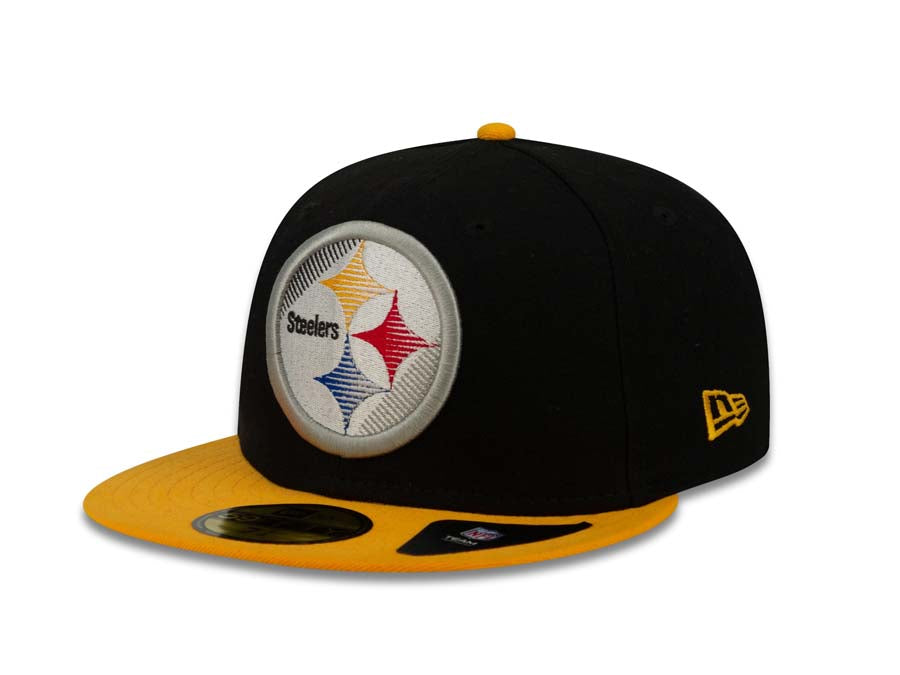 Pittsburgh Steelers New Era NFL 59FIFTY 5950 Fitted Cap Hat Black Crown Yellow Visor Team Color Logo (Edge Flare)