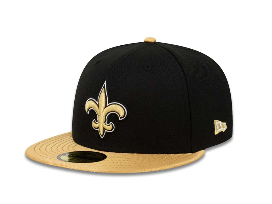 New Orleans Saints New Era NFL 59FIFTY 5950 Fitted Cap Hat Black Crown Metallic Gold Visor Metallic Gold/White Logo