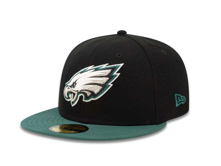 Philadelphia Eagles New Era NFL 59FIFTY 5950 Fitted Cap Hat Black Crown Green Visor Team Color Logo