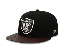 Load image into Gallery viewer, Oakland Raiders New Era 59FIFTY 5950 Fitted Cap Hat Black Crown Brown Leather Visor Team Color Logo
