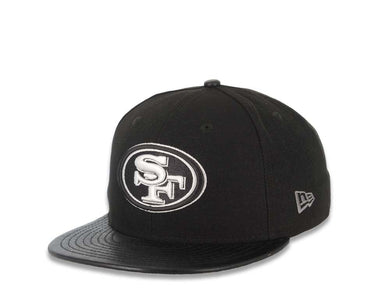 San Francisco 49ers New Era NFL 59FIFTY 5950 Fitted Cap Hat Black Crown Black Leather Visor Black/White Logo