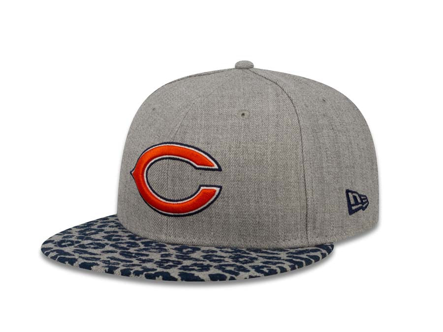 Chicago Bears New Era NFL 59FIFTY 5950 Fitted Cap Hat Heather Gray Crown Navy Leopard Print Visor Team Color Logo (Leopardvize)