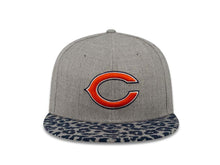 Load image into Gallery viewer, Chicago Bears New Era NFL 59FIFTY 5950 Fitted Cap Hat Heather Gray Crown Navy Leopard Print Visor Team Color Logo (Leopardvize)

