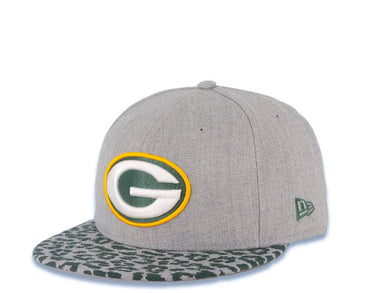 Green Bay Packers New Era NFL 59FIFTY 5950 Fitted Heather Cap Hat Gray Crown Green Leopard Pattern Visor Team Logo (Leopardvize)