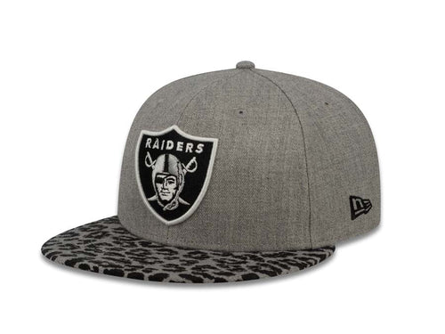 Oakland Raiders New Era 59FIFTY 5950 Fitted Cap Hat Heather Gray Crown Black Leopard Print Visor Team Color Logo (Leopardvize)