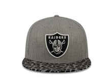 Load image into Gallery viewer, Oakland Raiders New Era 59FIFTY 5950 Fitted Cap Hat Heather Gray Crown Black Leopard Print Visor Team Color Logo (Leopardvize)
