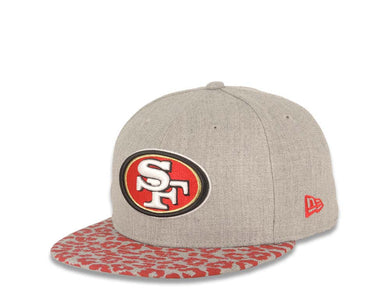 San Francisco 49ers New Era NFL 59FIFTY 5950 Fitted Heather Cap Hat Gray Crown Red/Gray Leopard Visor Team Color Logo (Leopardvize)