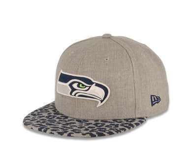 (Leopardvize) Seattle Seahawks New Era NFL 59FIFTY 5950 Fitted Cap Hat Heather Gray Crown Navy Blue/Gray Leopard Visor Team Color Logo