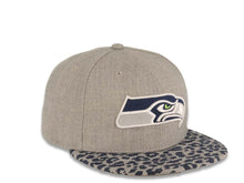 Load image into Gallery viewer, (Leopardvize) Seattle Seahawks New Era NFL 59FIFTY 5950 Fitted Cap Hat Heather Gray Crown Navy Blue/Gray Leopard Visor Team Color Logo
