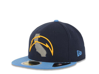 San Diego Chargers New Era NFL 59FIFTY 5950 Fitted Cap Hat Navy Crown Sky Blue Visor Yellow Logo with California Reflective State Map