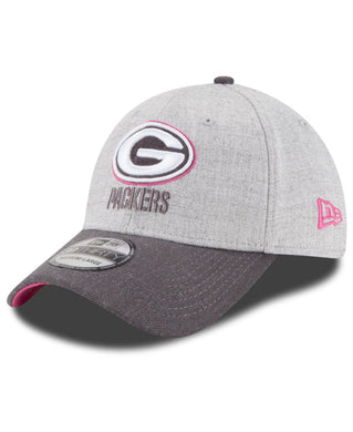 Green Bay Packers New Era NFL 39THIRTY 3930 Flexfit Cap Hat Heather Gray Crown Dark Gray Visor White/Dark Gray/Pink Logo (Breast Cancer Awareness)