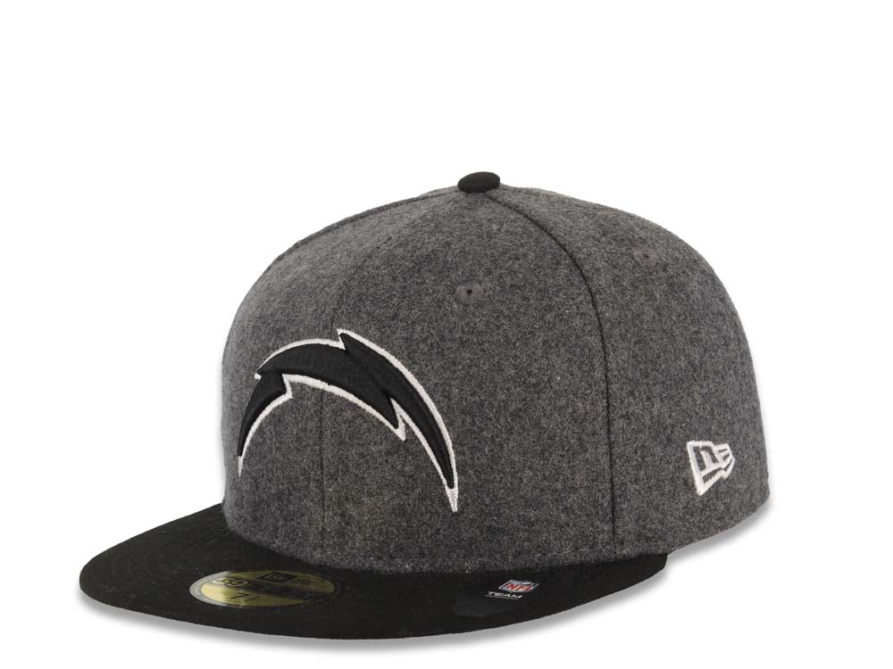 San Diego Chargers New Era NFL 59FIFTY 5950 Fitted Cap Hat Melton Gray Crown Black Visor Black/White Logo