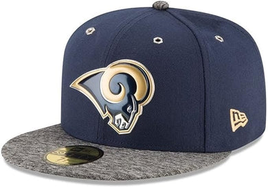 Los Angeles Rams New Era NFL 59FIFTY 5950 Fitted Cap Hat Navy Crown Gray Visor Team Color Logo (2016 Draft)