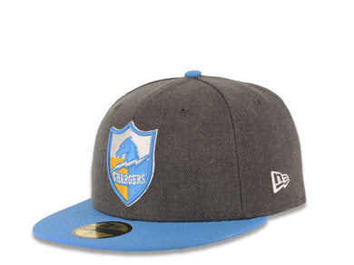 Los Angeles Chargers New Era NFL 59FIFTY 5950 Fitted Cap Hat Heather Dark Gray Crown Sky Blue Visor Team Color Retro Shield Logo