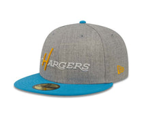 Load image into Gallery viewer, Los Angeles Chargers New Era NFL 59FIFTY 5950 Fitted Cap Hat Heather Gray Crown Sky Blue Visor Team Retro Color Script Logo
