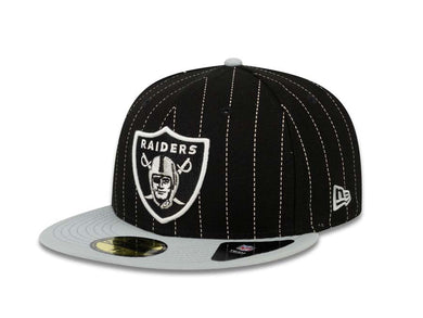 Oakland Raiders New Era 59FIFTY 5950 Fitted Cap Hat Black Crown White Pinstripe Gray Visor Team Color Logo