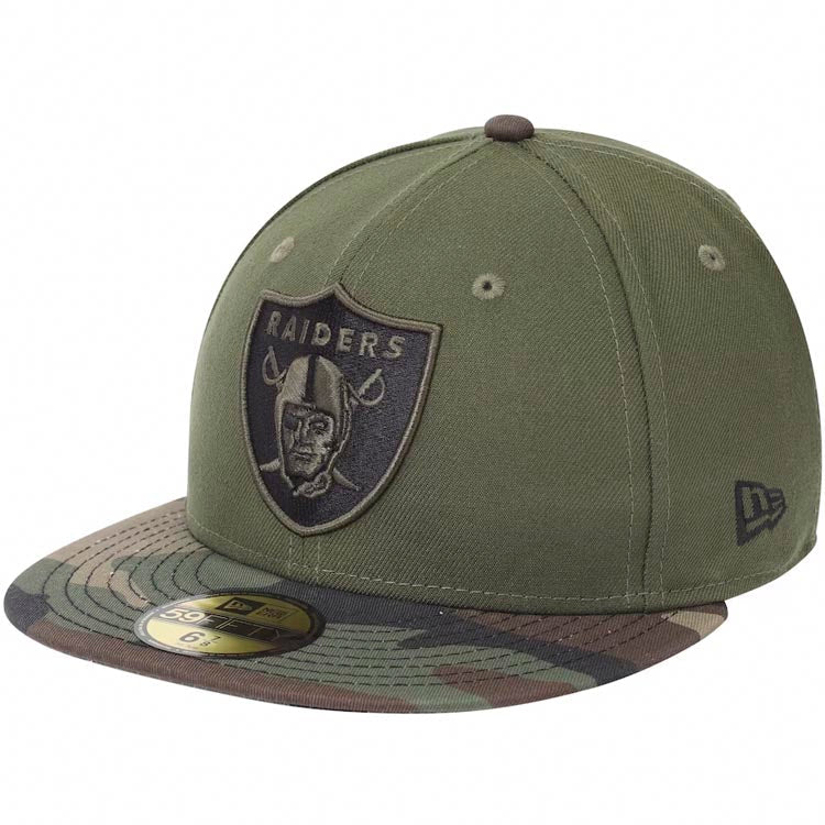 Oakland Raiders New Era NFL 59FIFTY 5950 Fitted Cap Hat Olive Green Crown Camo Visor Black/Green Logo
