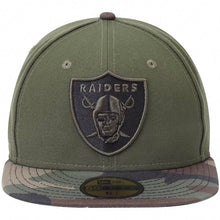 Load image into Gallery viewer, Oakland Raiders New Era NFL 59FIFTY 5950 Fitted Cap Hat Olive Green Crown Camo Visor Black/Green Logo
