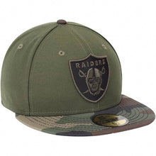 Load image into Gallery viewer, Oakland Raiders New Era NFL 59FIFTY 5950 Fitted Cap Hat Olive Green Crown Camo Visor Black/Green Logo

