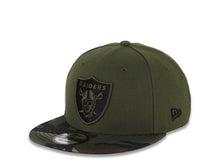 Load image into Gallery viewer, Raiders New Era 9FIFTY 950 Snapback Cap Hat Olive Green Crown Camo Visor Black/Olive Green Logo 
