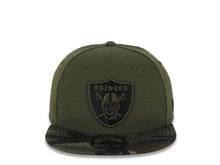 Load image into Gallery viewer, Raiders New Era 9FIFTY 950 Snapback Cap Hat Olive Green Crown Camo Visor Black/Olive Green Logo 
