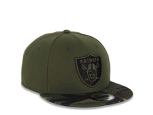 Load image into Gallery viewer, Raiders New Era 9FIFTY 950 Snapback Cap Hat Olive Green Crown Camo Visor Black/Olive Green Logo 
