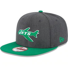 Load image into Gallery viewer, New York Jets New Era NFL 9FIFTY 950 Original Fit Snapback Cap Hat Heather Dark Gray Crown Green Visor Team Color Retro Logo
