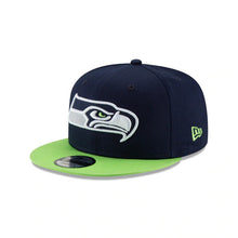 Load image into Gallery viewer, Seattle Seahawks New Era NFL 9FIFTY 950 Snapback Cap Hat Navy Crown Green Visor Team Color Logo 
