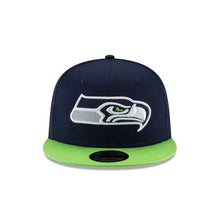 Load image into Gallery viewer, Seattle Seahawks New Era NFL 9FIFTY 950 Snapback Cap Hat Navy Crown Green Visor Team Color Logo 
