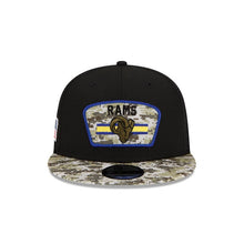 Load image into Gallery viewer, Los Angeles Rams New Era NFL 9FIFTY 950 Snapback 2021 Salute To Service Cap Hat Mesh Black Crown Camo Visor Patch Logo
