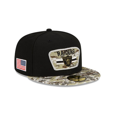 Las Vegas Raiders New Era 59FIFTY 5950 Fitted 2021 Salute To Service Cap Hat Black Crown Camo Visor Team Color Logo