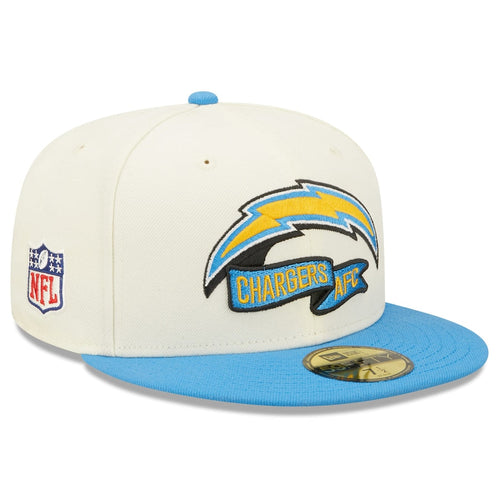 Los Angeles Chargers New Era NFL 59FIFTY 5950 Fitted Cap Hat Cream Crown Sky Blue Visor Glisten Team Color Logo Sky Blue UV (2022 Sideline)