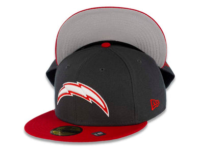 Los Angeles Chargers New Era NFL 59FIFTY 5950 Fitted Cap Hat Dark Gray Crown Red Visor White/Red Logo Gray UV (Color Pack)