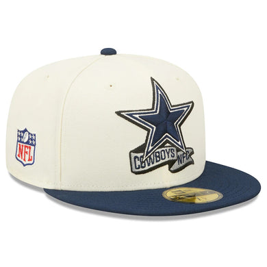 Dallas Cowboys New Era NFL 59FIFTY 5950 Fitted Cap Hat Cream Crown Dark Navy Blue Visor Team Color Logo (2022 Sideline)