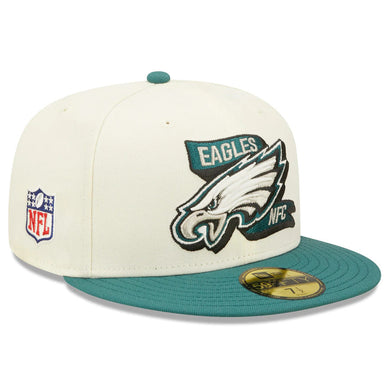Philadelphia Eagles New Era NFL 59FIFTY 5950 Fitted Cap Hat Cream Crown Green Visor Team Color Logo (2022 Sideline)