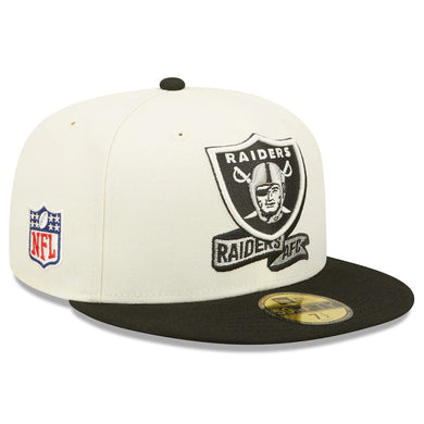 Las Vegas Raiders New Era NFL 59FIFTY 5950 Fitted Cap Hat Cream Crown Black Visor Team Color Logo (2022 Sideline)