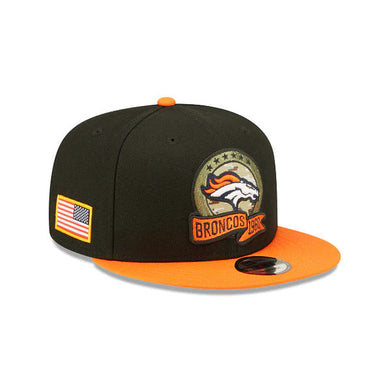 Denver Broncos New Era NFL 9FIFTY 950 Snapback Cap Hat Black Crown Orange Visor Camo Logo America Flag Side Patch (2022 Salute To Service)