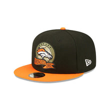 Load image into Gallery viewer, Denver Broncos New Era NFL 9FIFTY 950 Snapback Cap Hat Black Crown Orange Visor Camo Logo America Flag Side Patch (2022 Salute To Service)
