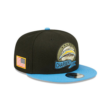 Los Angeles Chargers New Era NFL 9FIFTY 950 Snapback Cap Hat Black Crown Sky Blue Visor Camo Logo (2022 Salute To Service)