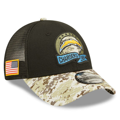 Los Angeles Chargers New Era NFL 9FORTY 940 Adjustable Cap Hat Black Crown Camo Visor Team Color Logo (2022 Salute To Service)