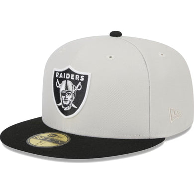 Las Vegas Raiders New Era 59FIFTY 5950 Fitted Cap Hat Stone Gray Crown Black Visor Team Color Logo Back Logo Patches (World Class)