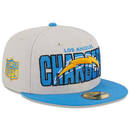 Los Angeles Chargers New Era NFL 59FIFTY 5950 Fitted Cap Hat Stone Crown Sky Blue Visor Team Color Logo Gray UV (2023 Draft On Stage)